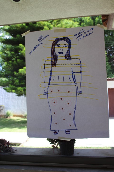 Dibujo en papelografo en el que aparece una mujer pintada de azul, con líneas amarillas encima, expresando ansiedad.